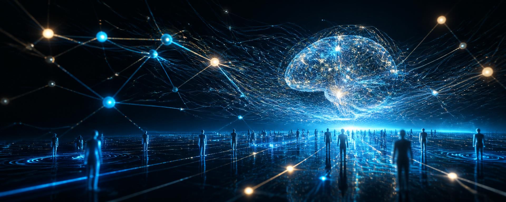 A luminous neural network visualization representing the Business Brain and AI Workforce